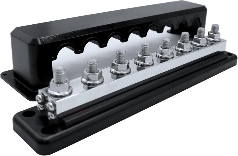 AMOMD 600 A High Current Copper Bus Bar 300V AC / 48V DC 8 Way 3/8 inch (M10) Studs 8#8-32 Screws Electrical Terminal Ground Distribution Block Battery Buss Bars with Cover (Black) - Image 1